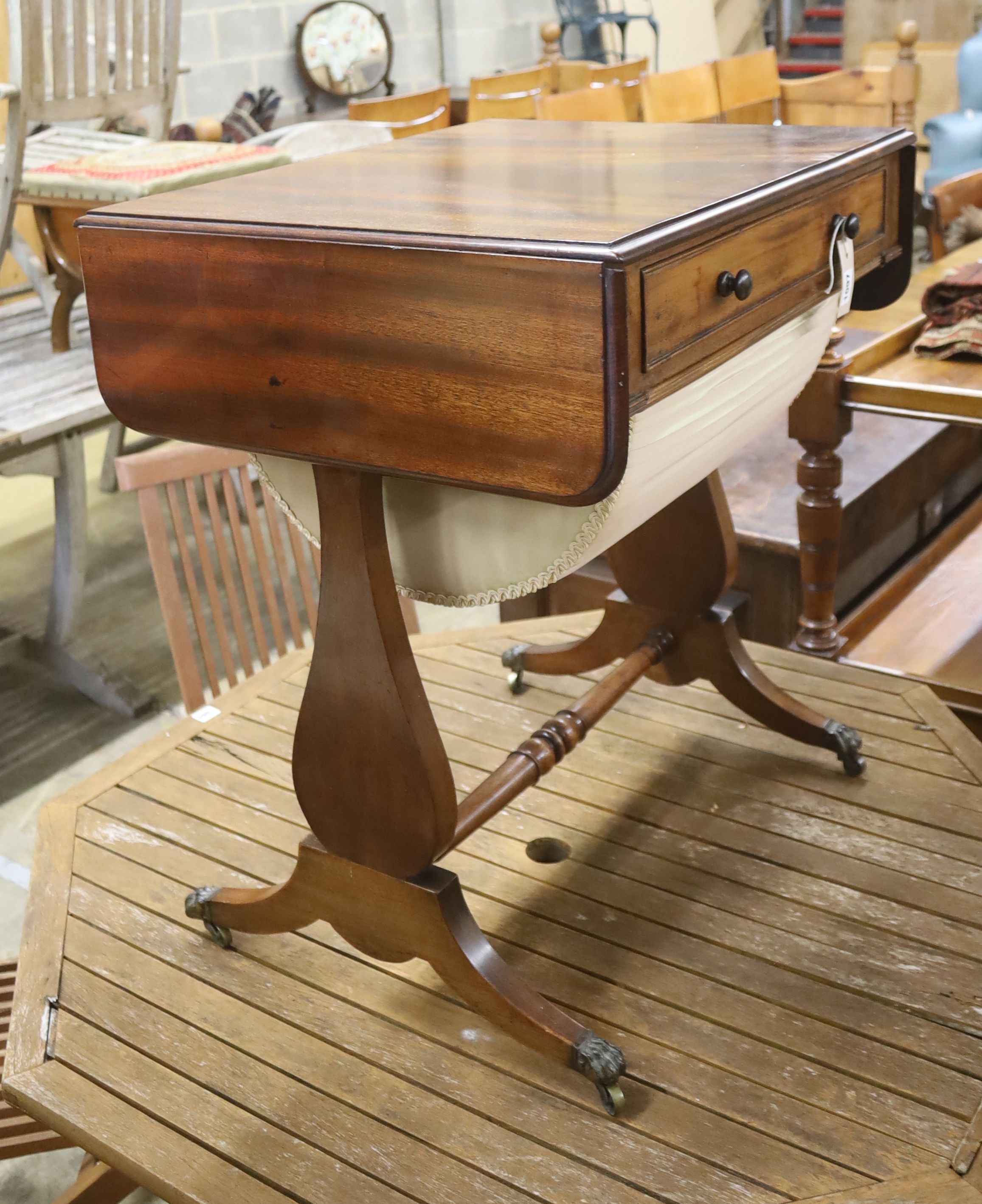 A Victorian mahogany drop flap work table, width 64cm, depth 50cm, height 73cm